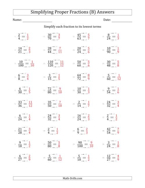 The Simplifying Proper Fractions to Lowest Terms (Easier Questions) (B) Math Worksheet Page 2