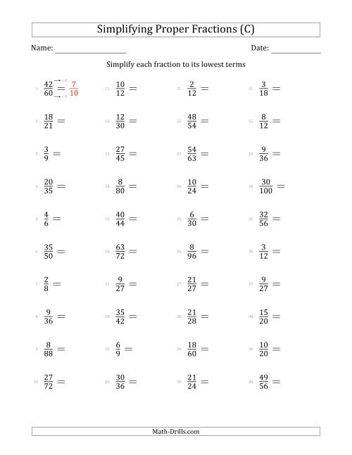 The Simplifying Proper Fractions to Lowest Terms (Easier Questions) (C) Math Worksheet