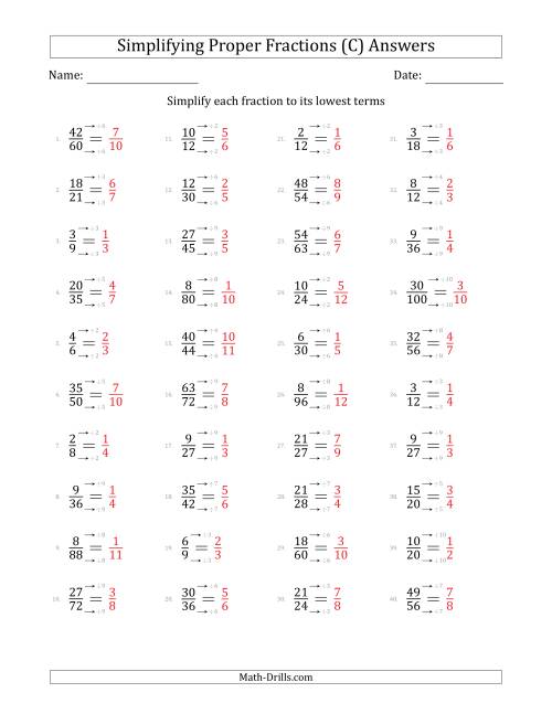 The Simplifying Proper Fractions to Lowest Terms (Easier Questions) (C) Math Worksheet Page 2