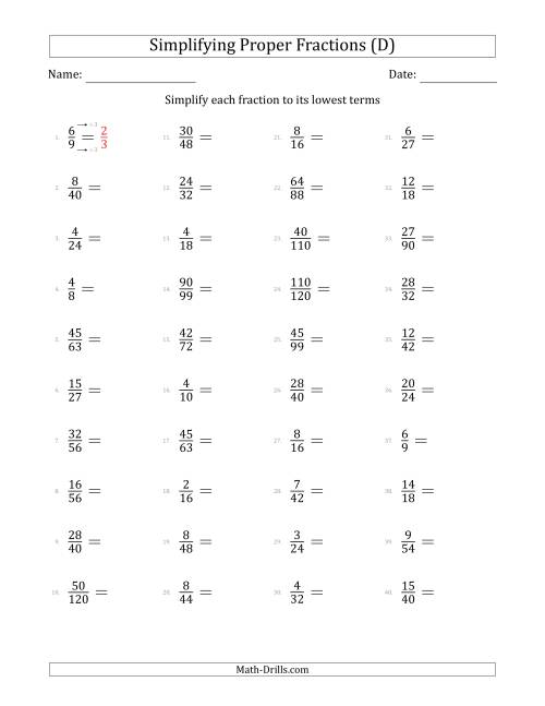The Simplifying Proper Fractions to Lowest Terms (Easier Questions) (D) Math Worksheet