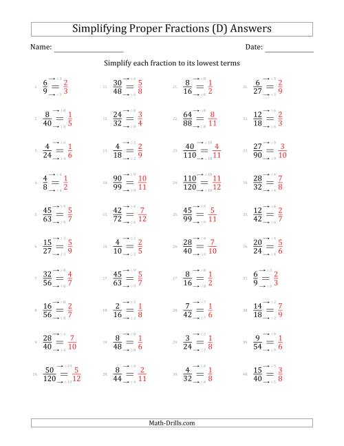 The Simplifying Proper Fractions to Lowest Terms (Easier Questions) (D) Math Worksheet Page 2