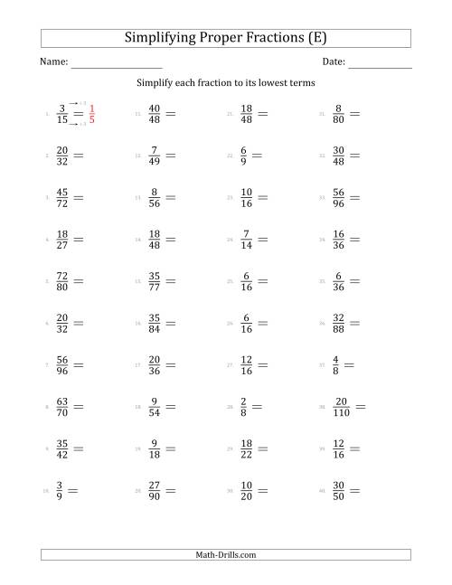 The Simplifying Proper Fractions to Lowest Terms (Easier Questions) (E) Math Worksheet