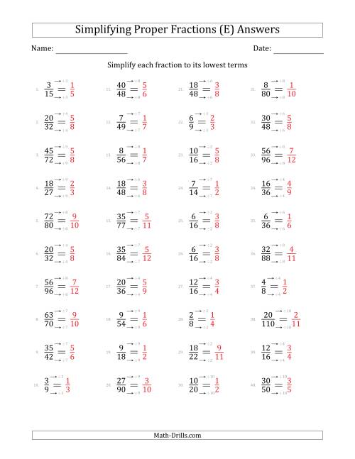 The Simplifying Proper Fractions to Lowest Terms (Easier Questions) (E) Math Worksheet Page 2