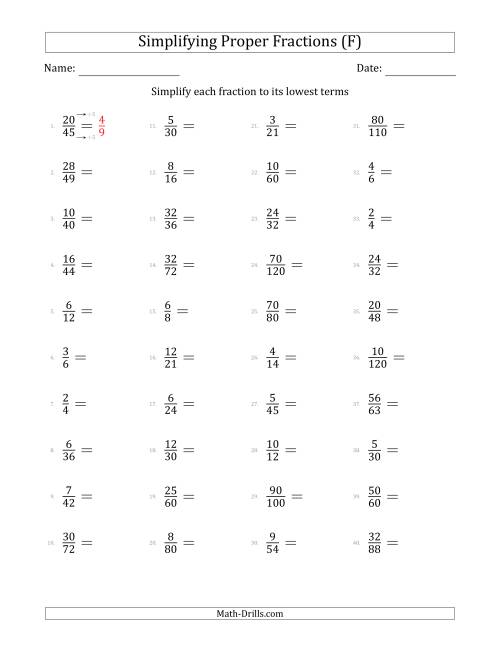 The Simplifying Proper Fractions to Lowest Terms (Easier Questions) (F) Math Worksheet