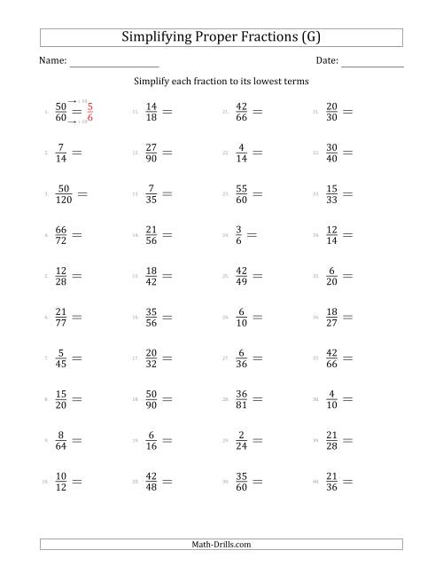 The Simplifying Proper Fractions to Lowest Terms (Easier Questions) (G) Math Worksheet