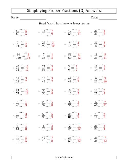 The Simplifying Proper Fractions to Lowest Terms (Easier Questions) (G) Math Worksheet Page 2