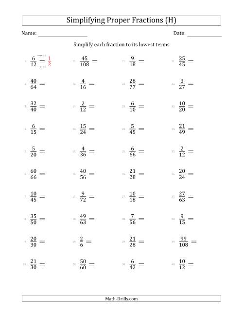 The Simplifying Proper Fractions to Lowest Terms (Easier Questions) (H) Math Worksheet