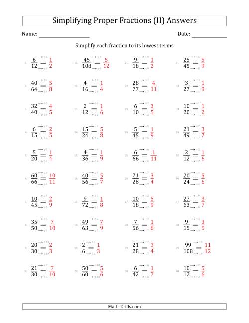 The Simplifying Proper Fractions to Lowest Terms (Easier Questions) (H) Math Worksheet Page 2