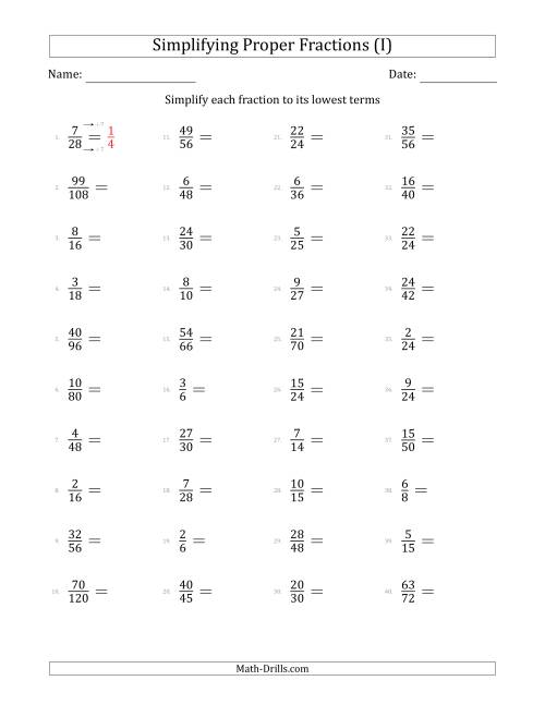 The Simplifying Proper Fractions to Lowest Terms (Easier Questions) (I) Math Worksheet