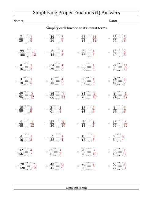 The Simplifying Proper Fractions to Lowest Terms (Easier Questions) (I) Math Worksheet Page 2