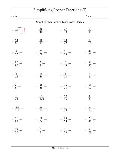 The Simplifying Proper Fractions to Lowest Terms (Easier Questions) (J) Math Worksheet