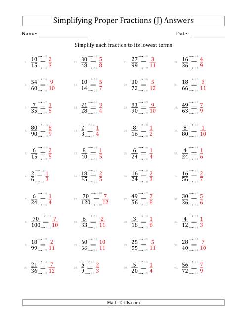 The Simplifying Proper Fractions to Lowest Terms (Easier Questions) (J) Math Worksheet Page 2