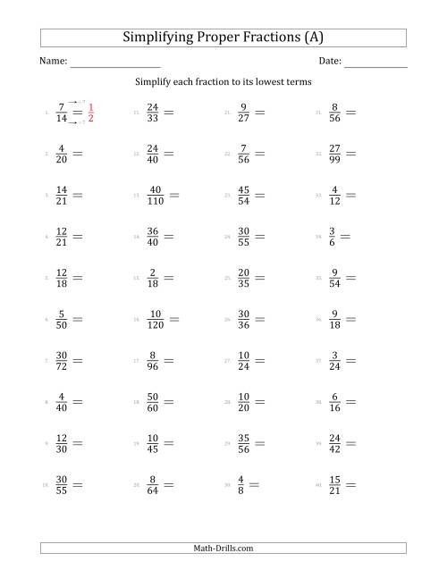 The Simplifying Proper Fractions to Lowest Terms (Easier Questions) (All) Math Worksheet