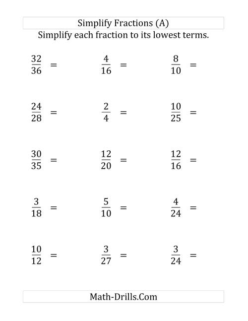 The Simplify Proper Fractions to Lowest Terms (Easier Version) (Large Print) Math Worksheet