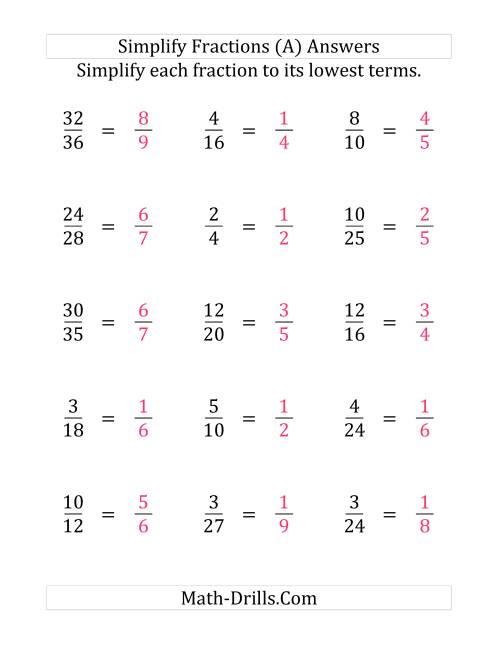 The Simplify Proper Fractions to Lowest Terms (Easier Version) (Large Print) Math Worksheet Page 2
