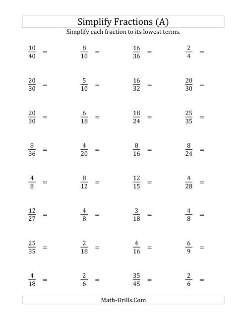 The Simplify Proper Fractions to Lowest Terms (Easier Version) (Old) Math Worksheet