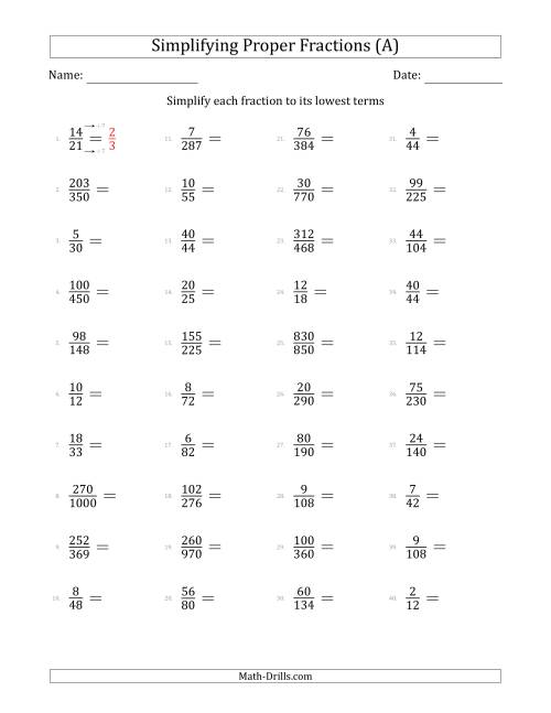 The Simplifying Proper Fractions to Lowest Terms (Harder Questions) (A) Math Worksheet