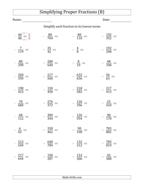 The Simplifying Proper Fractions to Lowest Terms (Harder Questions) (B) Math Worksheet