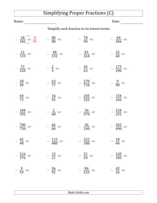 The Simplifying Proper Fractions to Lowest Terms (Harder Questions) (C) Math Worksheet