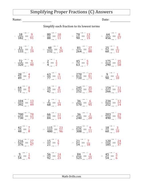 The Simplifying Proper Fractions to Lowest Terms (Harder Questions) (C) Math Worksheet Page 2
