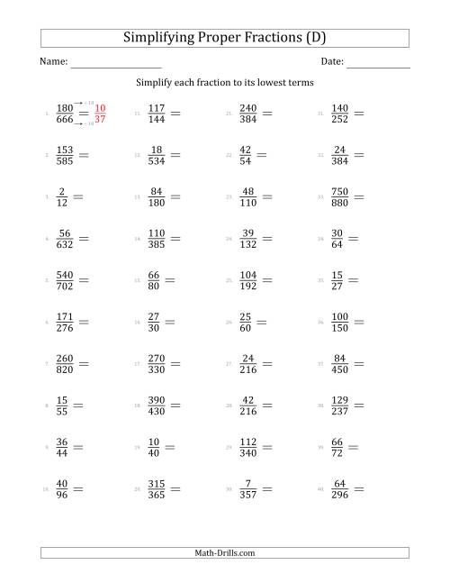The Simplifying Proper Fractions to Lowest Terms (Harder Questions) (D) Math Worksheet