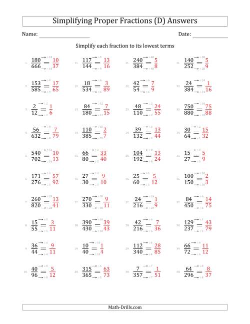 The Simplifying Proper Fractions to Lowest Terms (Harder Questions) (D) Math Worksheet Page 2