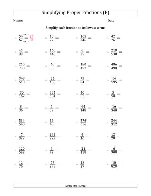 The Simplifying Proper Fractions to Lowest Terms (Harder Questions) (E) Math Worksheet