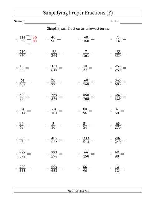 The Simplifying Proper Fractions to Lowest Terms (Harder Questions) (F) Math Worksheet