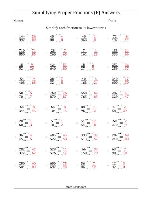 The Simplifying Proper Fractions to Lowest Terms (Harder Questions) (F) Math Worksheet Page 2