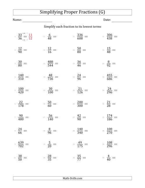 The Simplifying Proper Fractions to Lowest Terms (Harder Questions) (G) Math Worksheet