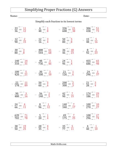 The Simplifying Proper Fractions to Lowest Terms (Harder Questions) (G) Math Worksheet Page 2