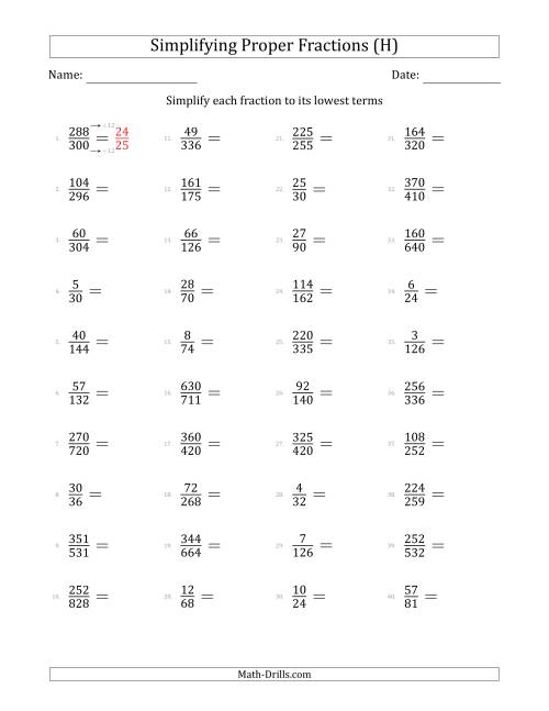 The Simplifying Proper Fractions to Lowest Terms (Harder Questions) (H) Math Worksheet