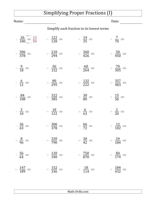 The Simplifying Proper Fractions to Lowest Terms (Harder Questions) (I) Math Worksheet
