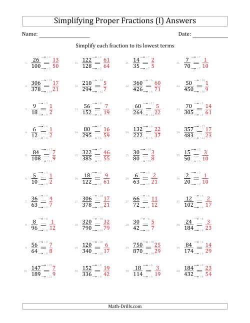 The Simplifying Proper Fractions to Lowest Terms (Harder Questions) (I) Math Worksheet Page 2