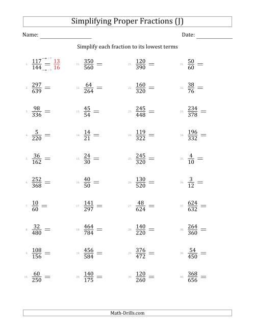 The Simplifying Proper Fractions to Lowest Terms (Harder Questions) (J) Math Worksheet
