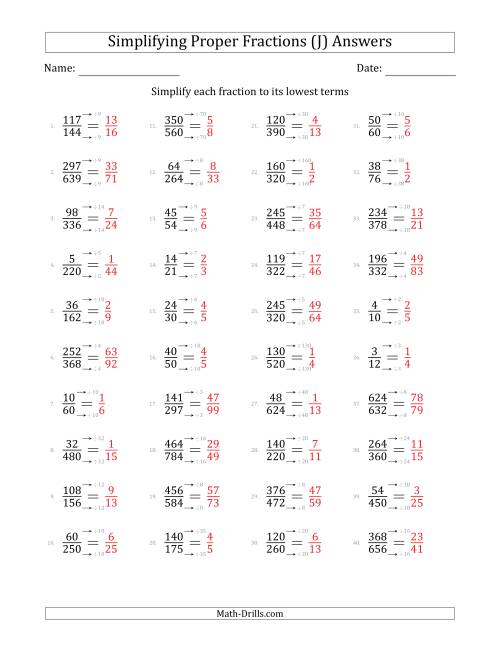 The Simplifying Proper Fractions to Lowest Terms (Harder Questions) (J) Math Worksheet Page 2
