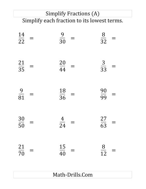 The Simplify Proper Fractions to Lowest Terms (Harder Version) (Large Print) Math Worksheet