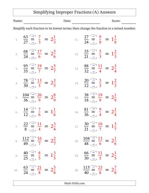 The Simplifying Improper Fractions to Lowest Terms (Easier Questions) (A) Math Worksheet Page 2