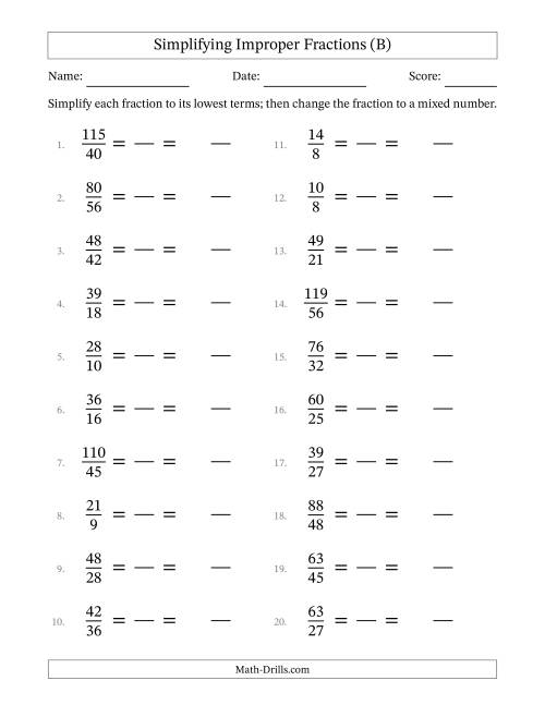 The Simplifying Improper Fractions to Lowest Terms (Easier Questions) (B) Math Worksheet