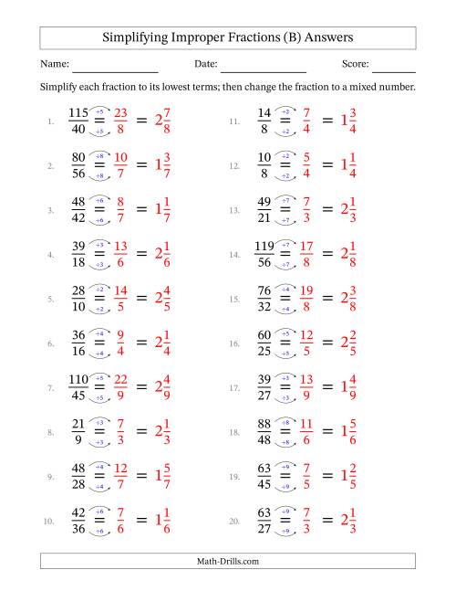 The Simplifying Improper Fractions to Lowest Terms (Easier Questions) (B) Math Worksheet Page 2