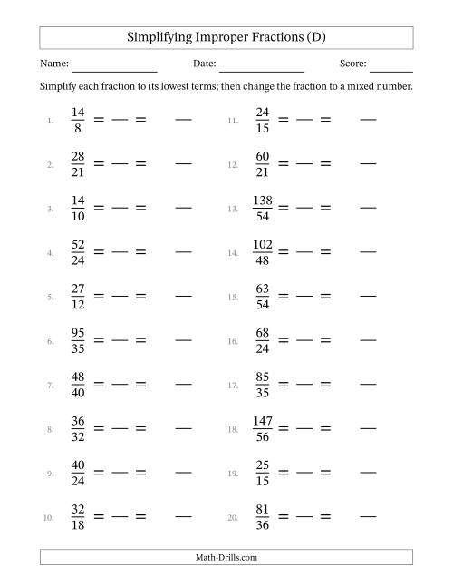 The Simplifying Improper Fractions to Lowest Terms (Easier Questions) (D) Math Worksheet