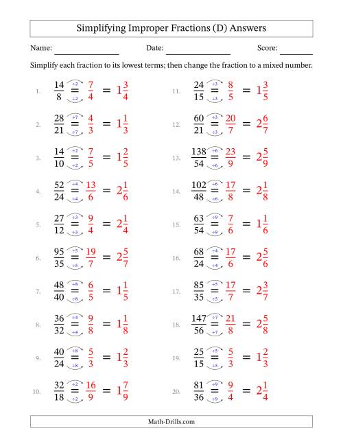 The Simplifying Improper Fractions to Lowest Terms (Easier Questions) (D) Math Worksheet Page 2