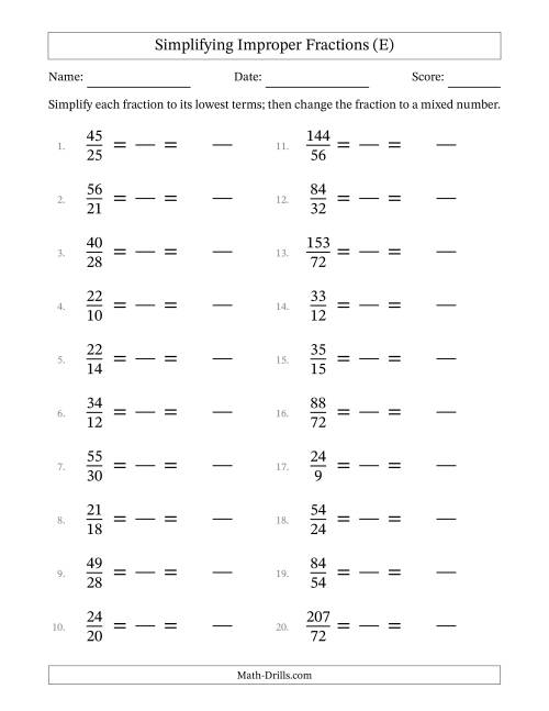 The Simplifying Improper Fractions to Lowest Terms (Easier Questions) (E) Math Worksheet
