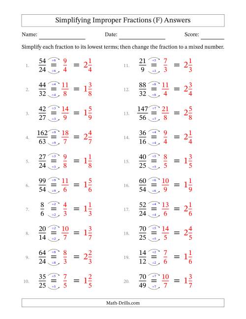 The Simplifying Improper Fractions to Lowest Terms (Easier Questions) (F) Math Worksheet Page 2