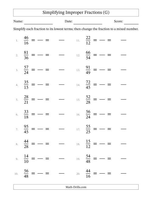 The Simplifying Improper Fractions to Lowest Terms (Easier Questions) (G) Math Worksheet