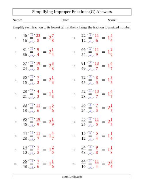The Simplifying Improper Fractions to Lowest Terms (Easier Questions) (G) Math Worksheet Page 2