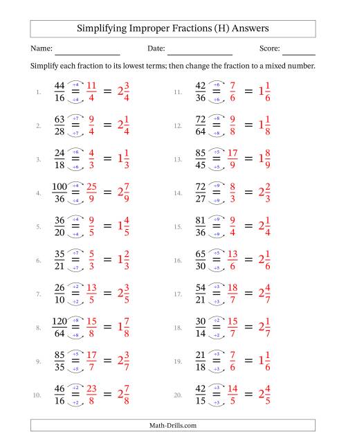 Simplifying Improper Fractions to Lowest Terms (Easier Questions) (H)
