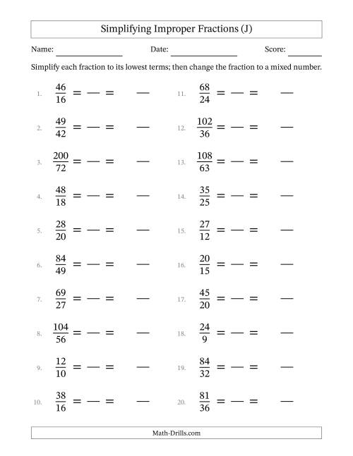The Simplifying Improper Fractions to Lowest Terms (Easier Questions) (J) Math Worksheet