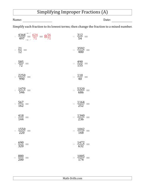 The Simplifying Improper Fractions to Lowest Terms (Harder Questions) (A) Math Worksheet