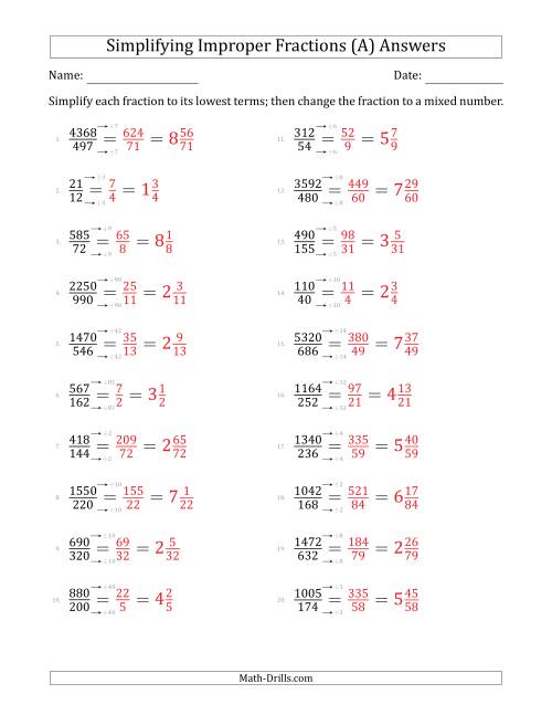 The Simplifying Improper Fractions to Lowest Terms (Harder Questions) (A) Math Worksheet Page 2